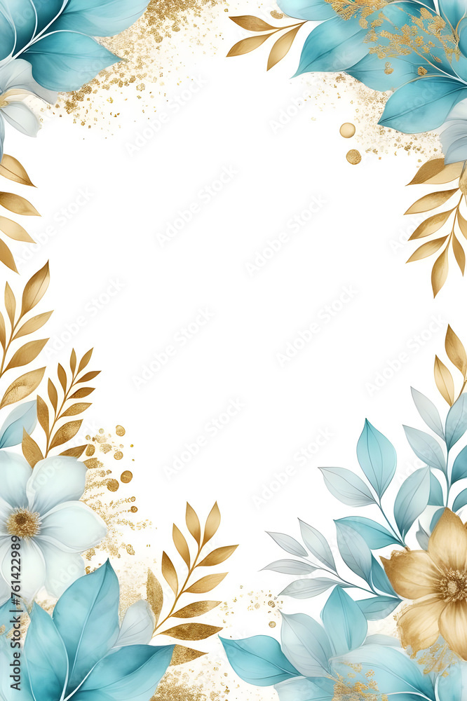 Floral watercolor frames in turquoise, blue, gold, beige tones.