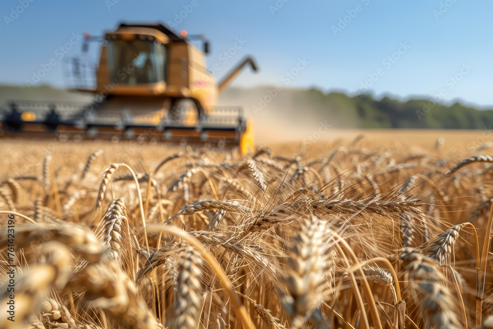 Fototapeta premium Wheat field and blurred combine harvester in a distance. Harvesting concept