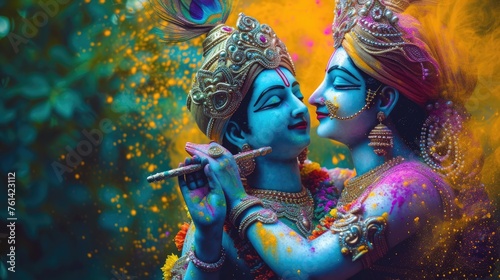 Vibrant Hindu Deities Kissing - Krishna and Radha