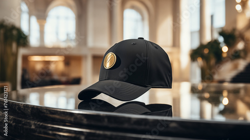 the cap emblazoned with a bold logo in metallic gold, surrounded by sleek modern furniture and soft ambient lighting, exuding an aura of elegance and sophistication,