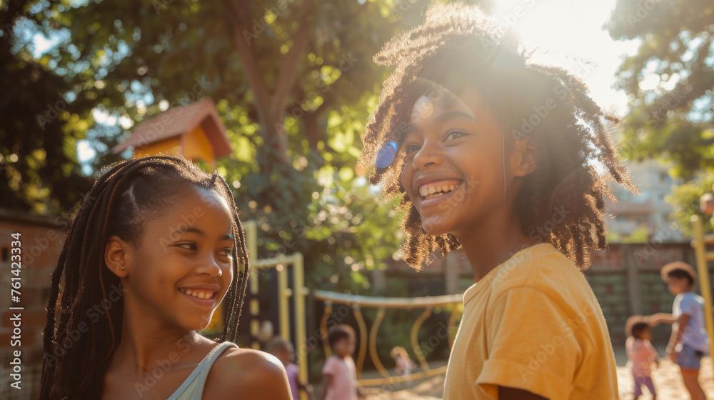 Fototapeta premium Two joyful kids with beautiful smiles playing outdoors, sunlight adding warmth to the scene