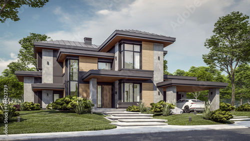 3d rendering of modern twostory house with gray and wood accents, large windows, parking space in the right side of the building, surrounded by trees and bushes, green grass on lawn, daylight