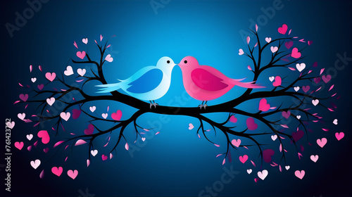 Two love birds sitting on a branch with pink heart-shaped leaves on a blue background.