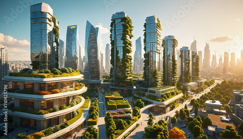 Montage cityscape of an eco-friendly green city with numerous green parks and gardens photo