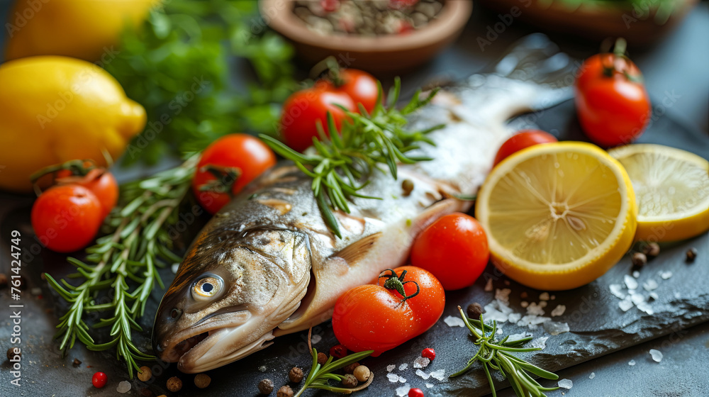 Fish with lemon and vegetables, heathy food concept Fish with lemon and vegetables, heathy food concept