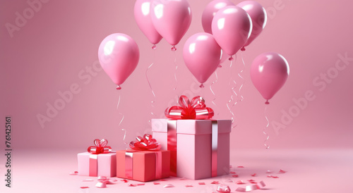 unch of pink balloons and presents with a pink background, featuring a vibrant display for a birthday celebration. photo
