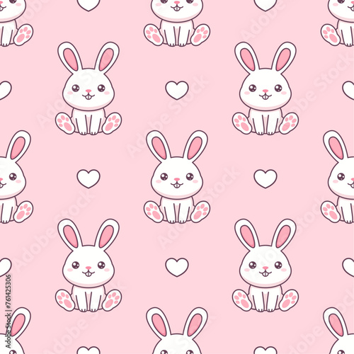 White kawaii rabbits and hearts on pink background. Vector seamless pattern. 