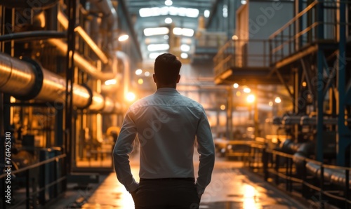 business engineer on a construction site controling local factory energy plant . gas pipes and worker