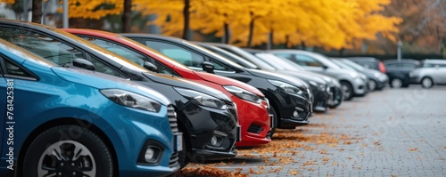 Cars parking in row on park autumn place