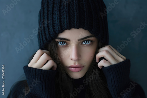 A woman with striking blue eyes is wearing a black hat.