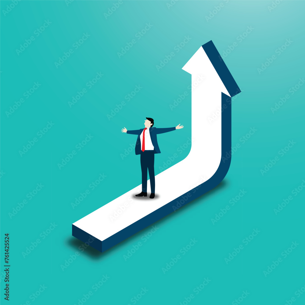 Businessman standing to the top of the arrow graph Businessman standing to the top of the arrow graph
