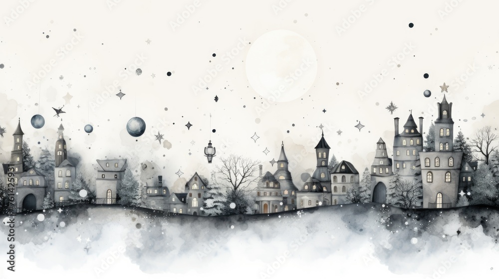 A whimsical watercolor of a storybook village under a celestial moon, blending fantasy and tranquility in soft, dreamy hues. - obrazy, fototapety, plakaty 