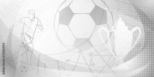 Football themed background in gray tones with abstract dots and curves, with sport symbols such as a football player, stadium, cup and ball