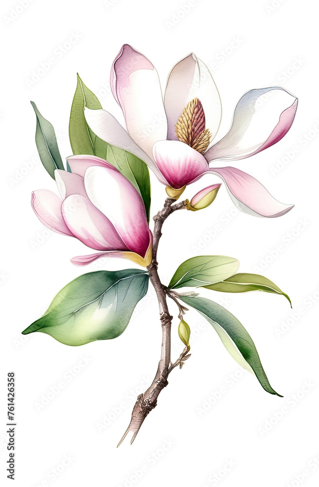 Magnolia branch on white background, Botanical herbal watercolor illustration for wedding or greeting card, Wallpaper, wrapping paper design, textile, scrapbooking
