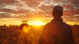 close up back of farmer looking at machine car working in farm gold sunrise generative ai
