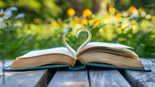Book on table in garden with top one opened and pages forming heart shape. photo