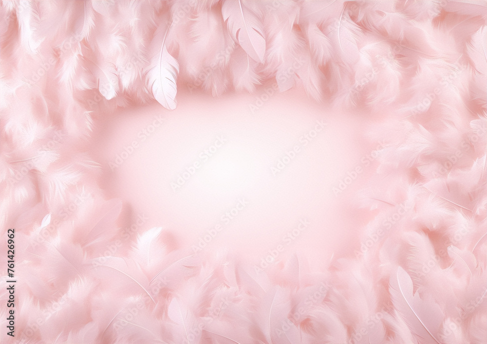 Pink fluffy feathers frame on a pale pink background.
