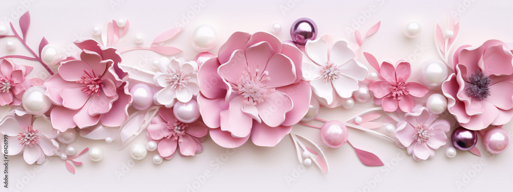 Pink and white paper flowers with pearls on a white background