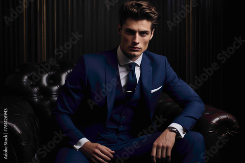 Against a backdrop of deep blue, the young gentleman model captivates with charisma and refinement, adorned in business wear with a perfect hairstyle.