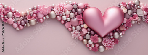 Pink and silver 3D rendering of a heart made of beads and flowers on a pink background.