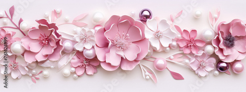 Pink and white paper flowers with pearls on a white background