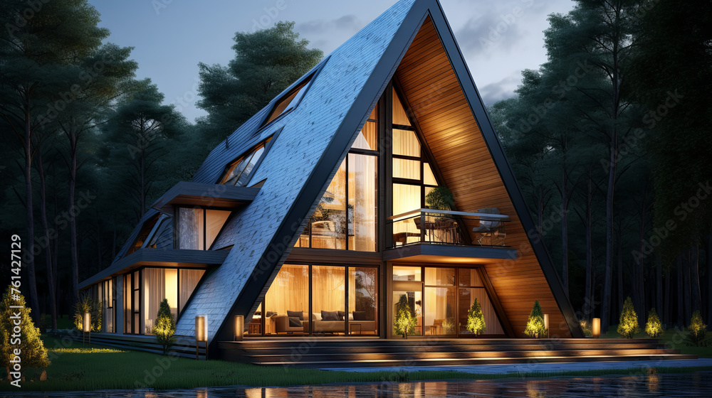 A snug house nestled alongside the water in a peaceful coniferous forest, offering an ideal setting for relaxation