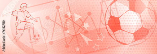 Football themed background in red tones with abstract dots, meshes and curves, with sport symbols such as a football player, stadium and ball