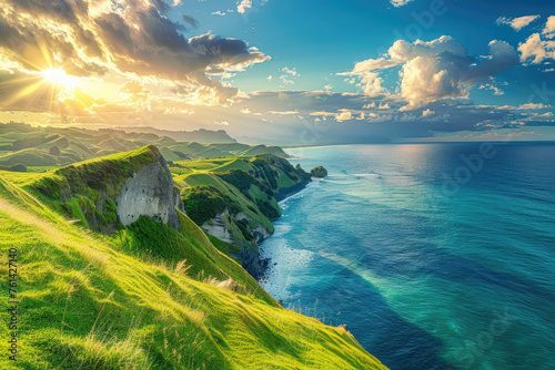 Beautiful green grassy hills with cliffs and blue ocean in New Zealand, golden hour,