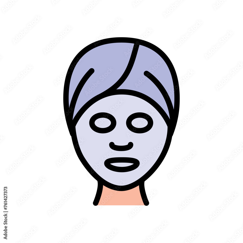 Sheet mask color icon. Skin care procedure. Cosmetic procedures for face and hair. A woman applies a hair and face mask, wraps her hair in towel. Simple flat illustration. Vector isolated drawing Sheet mask color icon. Skin care procedure. Cosmetic procedures for face and hair. A woman applies a hair and face mask, wraps her hair in towel. Simple flat illustration. Vector isolated drawing