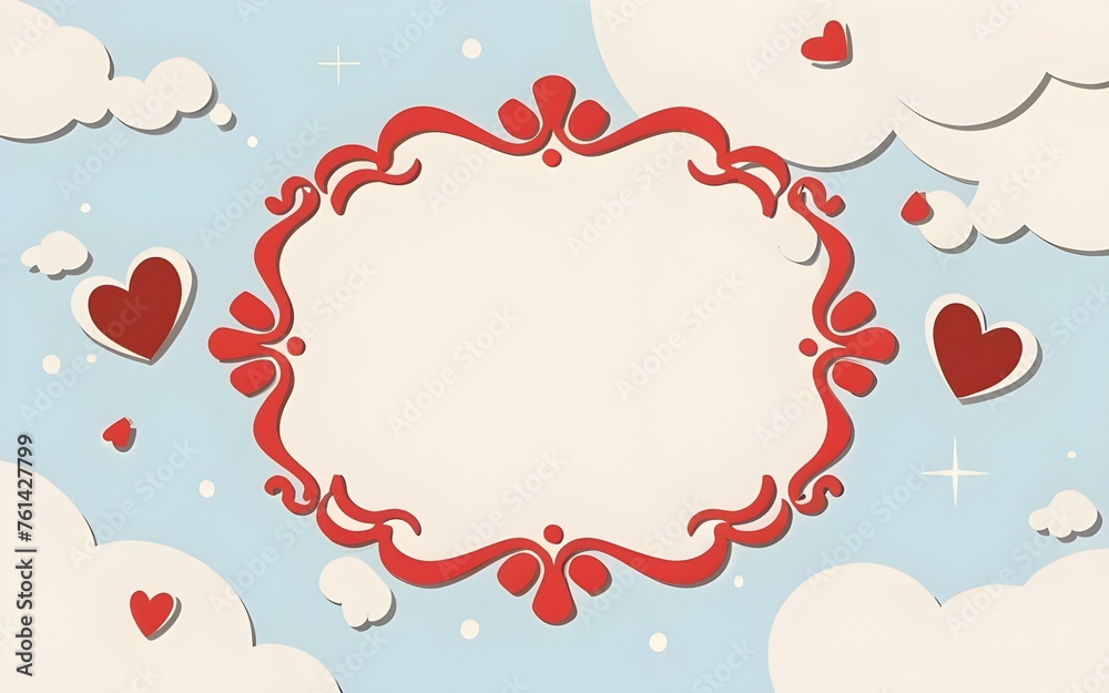 abstract Vintage white frame with pink hearts cloud shapes on a light blue background. minimal composition of the border. Generative AI , photo, ai floral 3d frame, ai floral frame, ai generative	