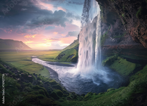 Beautiful landscape photo of a majestic waterfall in Iceland at sunset  taken from behind with green grass and blue sky. The high and powerful waterfall cascades down into an ancient cave below
