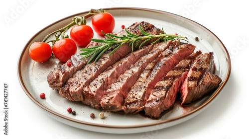 Grilled sliced Beef Steak with tomatoes and rosemary on a plate Isolated on white background