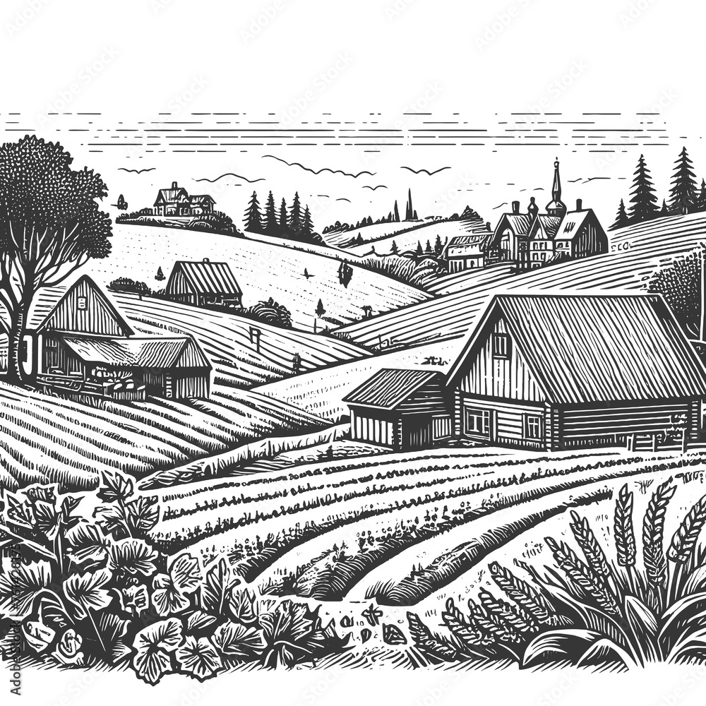 cozy rural farm house pastoral landscape, featuring farmhouses, cultivated fields, lush vegetation. Sketch engraving generative ai raster illustration. Scratch board imitation. Black and white image.