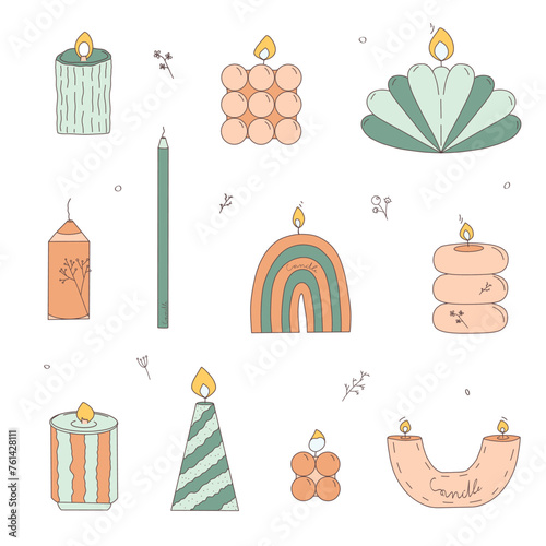 Set of decorative candles. Doodle style. Fashionable interior candles. Illustration is hand drawn