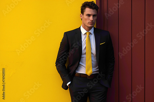 Against a vibrant yellow wall, the young gentleman model radiates charm and poise in business clothes, captivating with impeccable grooming and style.