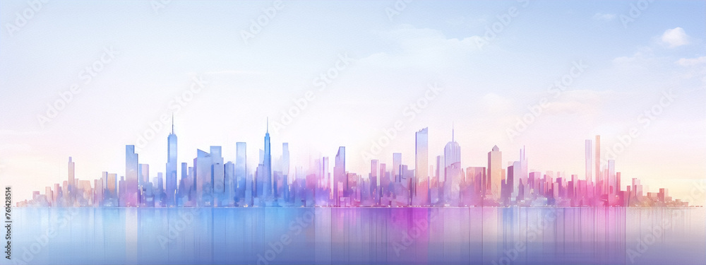 Cityscape in blue and pink pastel colors with a watercolor effect.