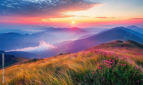 Beautiful summer landscape in the Carpathian mountains at a colorful sunrise with fog and flowers on grassy hills