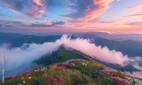 Beautiful summer landscape in the Carpathian mountains at a colorful sunrise with fog and flowers on grassy hills © Kien