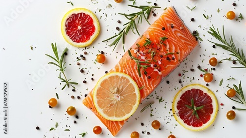 Slice of red fish salmon with lemon, rosemary and peppercorns isolated on white background.
