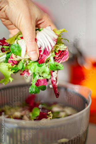 Obraz na płótnie Woman washing salad leaves in centrifuge spinner. Healthy lunch preparation in kitchen at home. Keto concept. w salonie