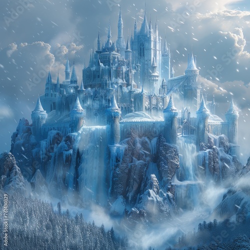 Frozen spire castle amidst blizzard