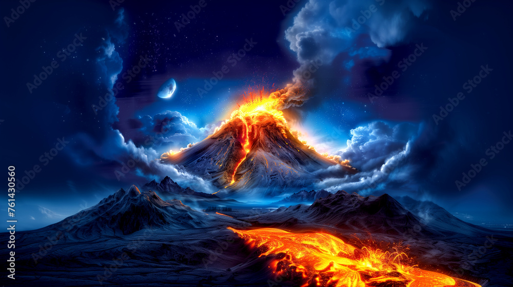image of an erupting volcano. realistic image. emission of ash, lava. natural disasters