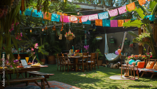 Back yard garden set up for a festive, tropical themed party 