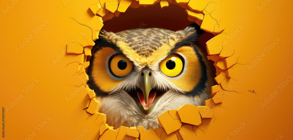 Owl bursting through an orange wall, with intense yellow eyes and open beak, showcasing a dynamic and powerful entrance.