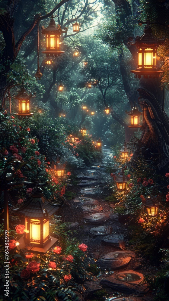 Nebulous forest shrine lanterns lighting the path