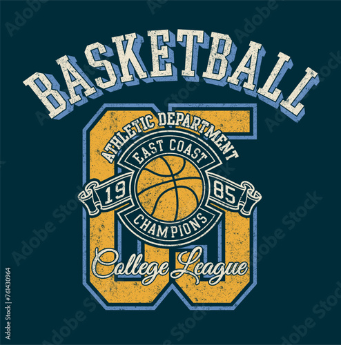Basketball athletic department college league vintage vector print for boy kids t shirt grunge effect in separate layers