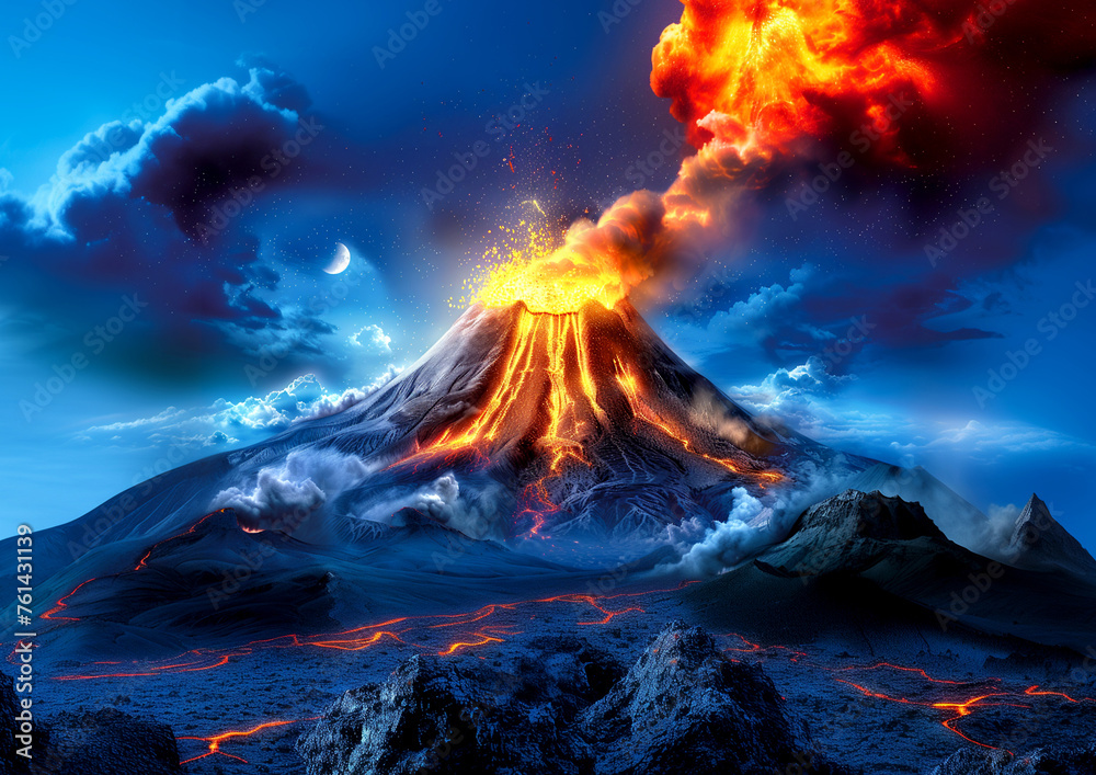 image of an erupting volcano. realistic image. emission of ash, lava. natural disasters