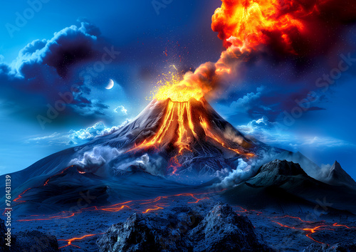 image of an erupting volcano. realistic image. emission of ash  lava. natural disasters