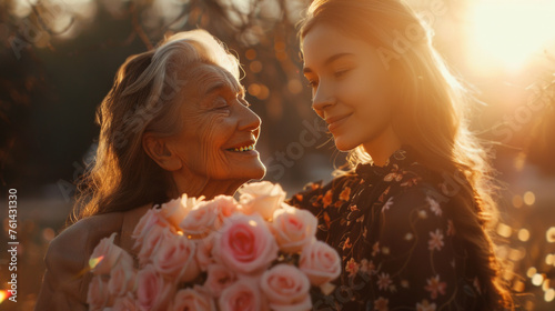 A young girl and a beautiful old lady with a bouquet of pink roses smiling together. Granmother and granddaughter.  photo
