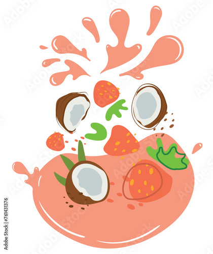 Ripe strawberry and coconut with splashes of juice. Vector illustration of organic fruit juice. Eco label concept for natural strawberry and coconut flavor. Design of vape, juice, smoothie.